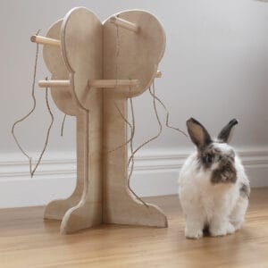 Rreat tree rabbit toy with Frank rabbit standing beside